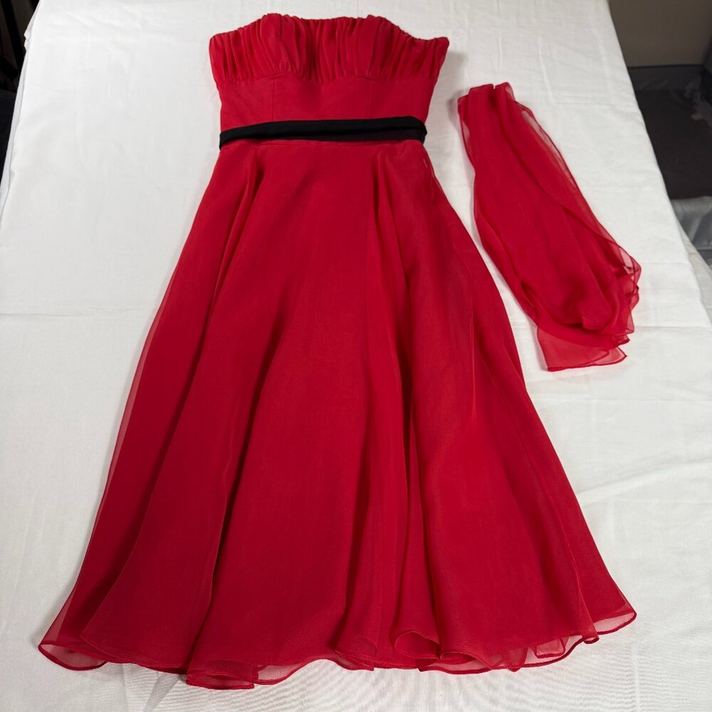 Mori Lee Formal Gown Red & Black Chiffon Strapless Sz 2 Prom Braidesmaid Dress